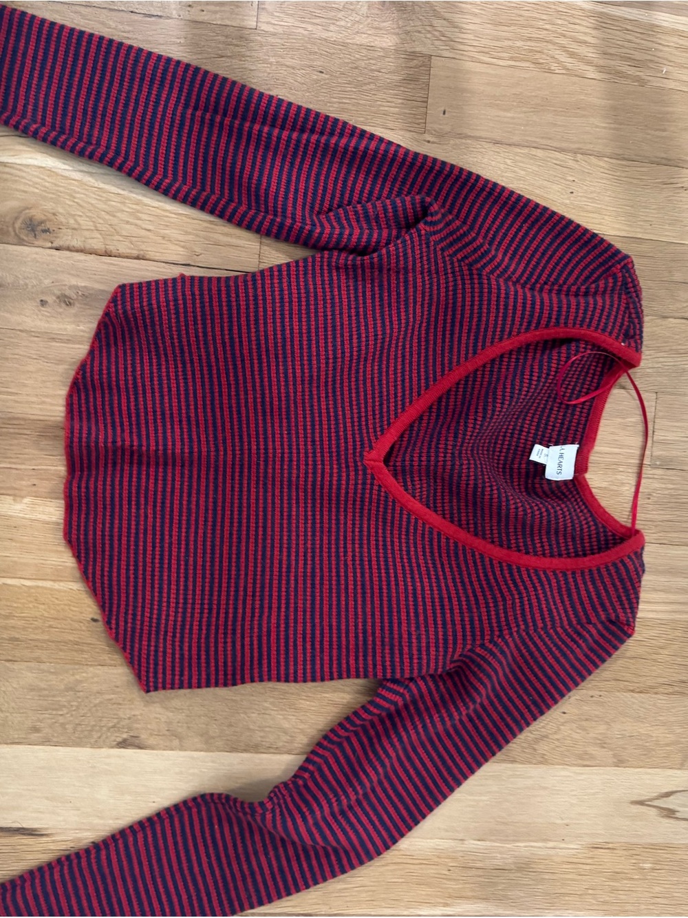 Tilly's Red & Navy Striped V-Neck Crop Sweater